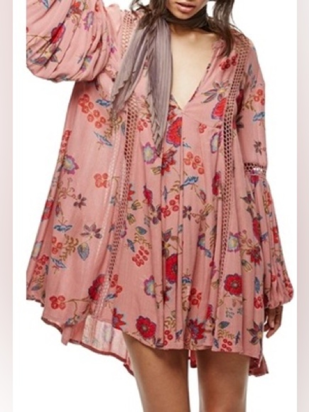 Free People Pink Floral Mini Dress with Lace Insets